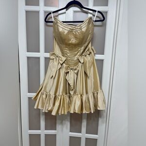 Gold Satin Strapless Bow Party Dress Ruffle Hem Rhinestone Trim Size 2 XS